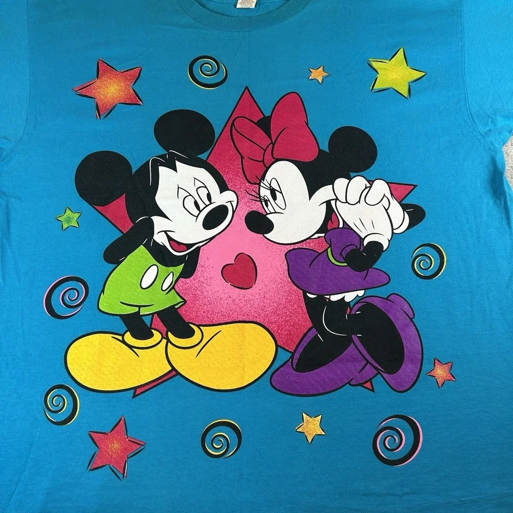 Vintage 90s Mickey And Minnie Mouse Walt Disney Big Graphic T-Shirt Size XL Blue
